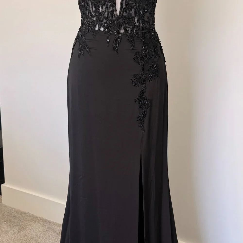 Jovani Black Embroidered Bodice Plunging Neck Prom Dress 23124 - Picture 3 of 8